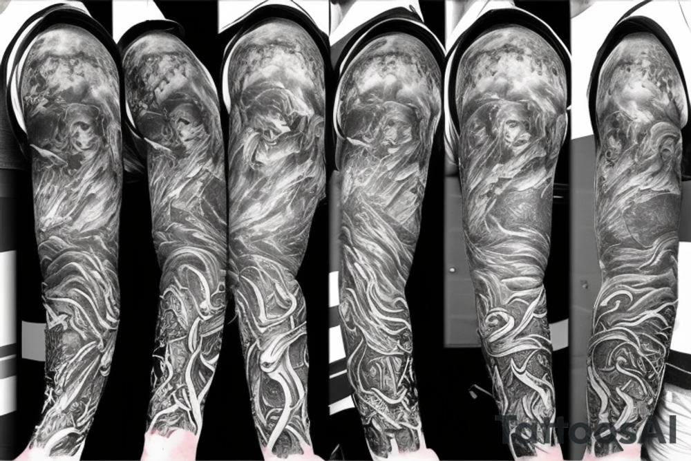 Full arm sleeve, evil god and mythology. Dark symbolism tattoo idea