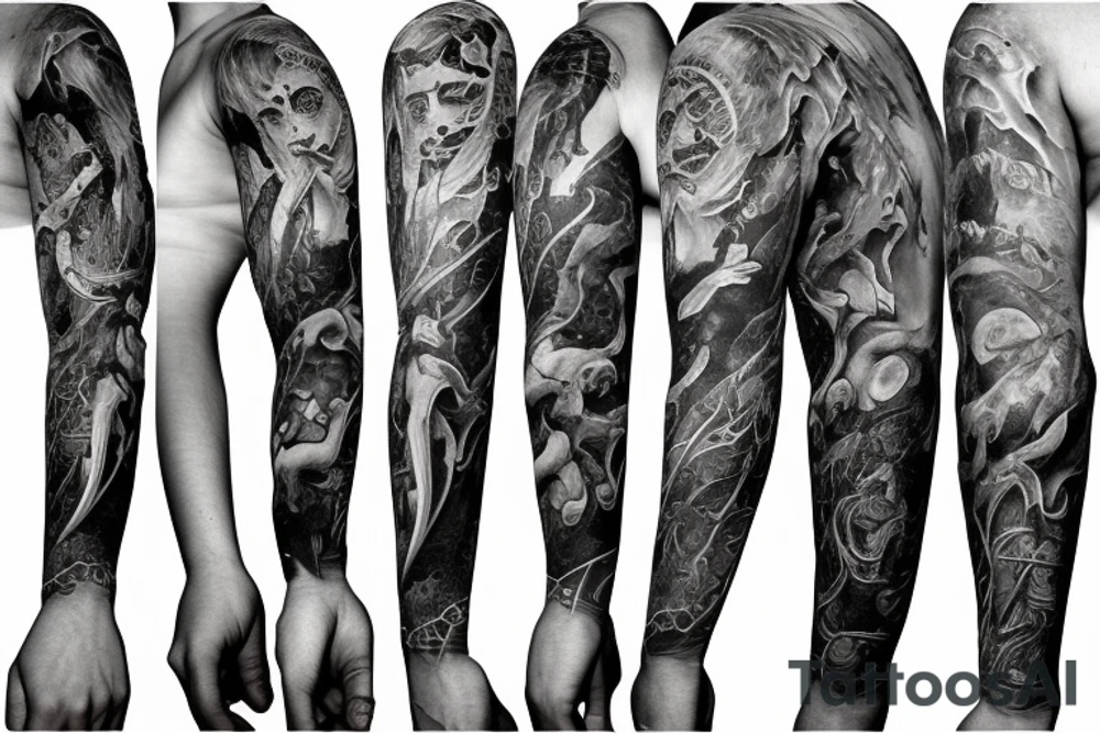 Full arm sleeve, evil god and mythology. Dark symbolism tattoo idea