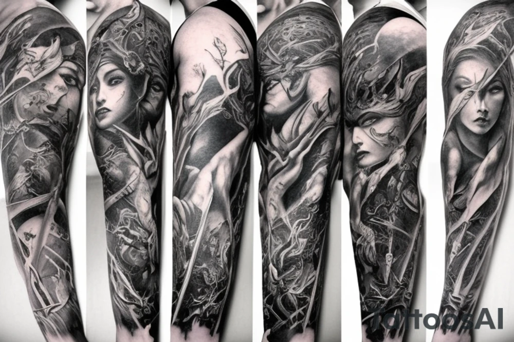 Full arm sleeve, evil devil and mythology. Dark symbolism tattoo idea Full arm sleeve, evil devil and mythology. Dark symbolism tattoo idea