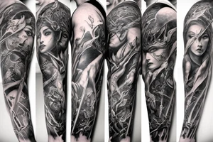 Full arm sleeve, evil devil and mythology. Dark symbolism tattoo idea