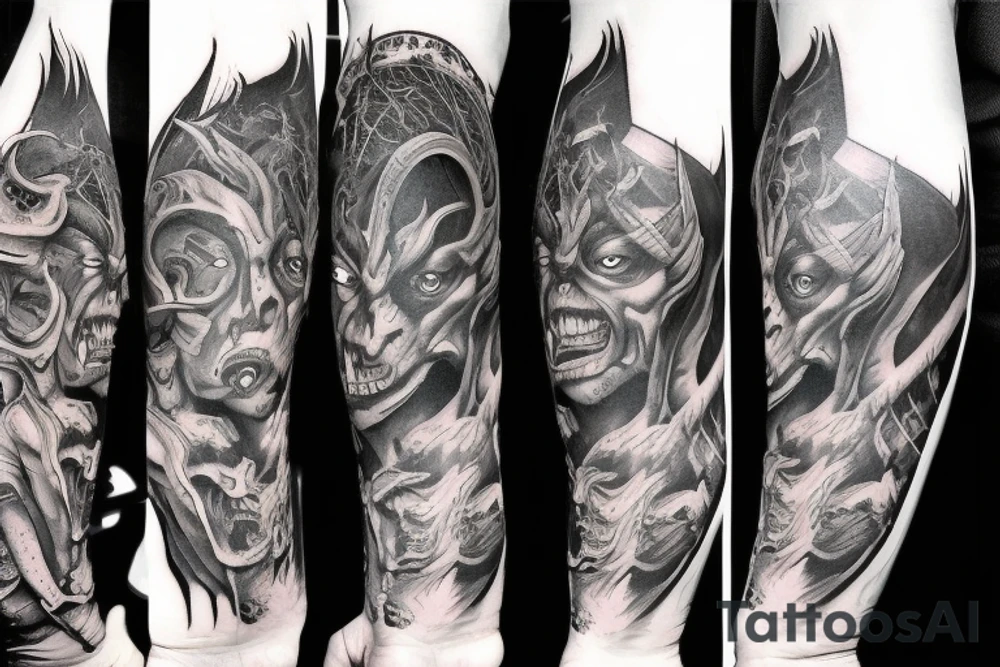 Full arm sleeve, evil devil and mythology. Dark symbolism tattoo idea Full arm sleeve, evil devil and mythology. Dark symbolism tattoo idea