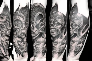 Full arm sleeve, evil devil and mythology. Dark symbolism tattoo idea
