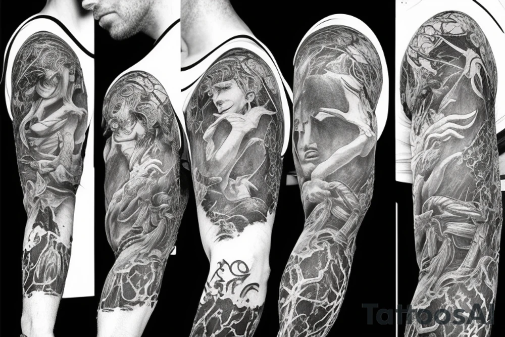 Full arm sleeve, evil devil and mythology. Dark symbolism tattoo idea