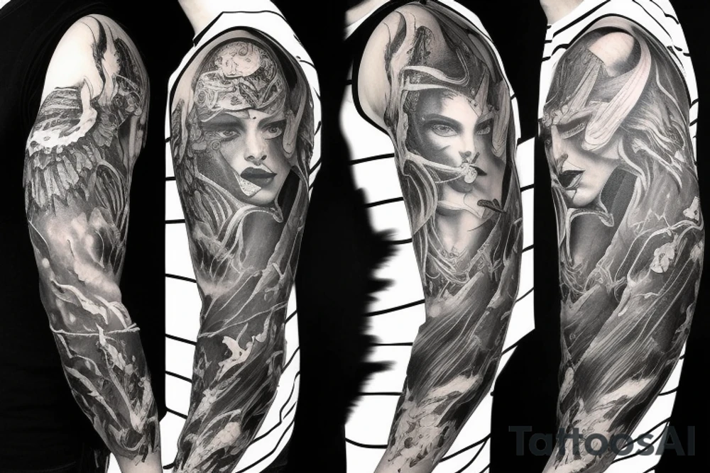 Full arm sleeve, evil devil and mythology. Dark symbolism tattoo idea Full arm sleeve, evil devil and mythology. Dark symbolism tattoo idea