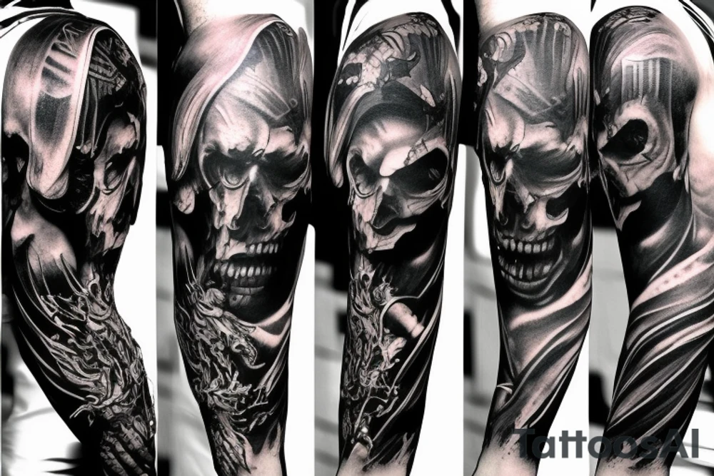 Full arm sleeve, evil devil and mythology. Dark symbolism tattoo idea