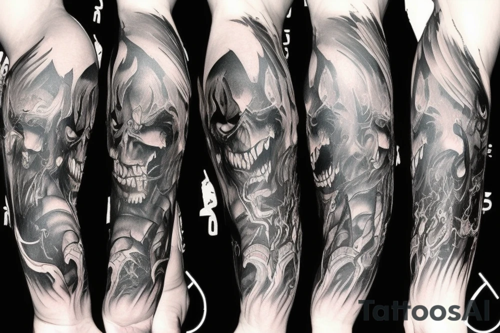 Full arm sleeve, evil devil and mythology. Dark symbolism tattoo idea