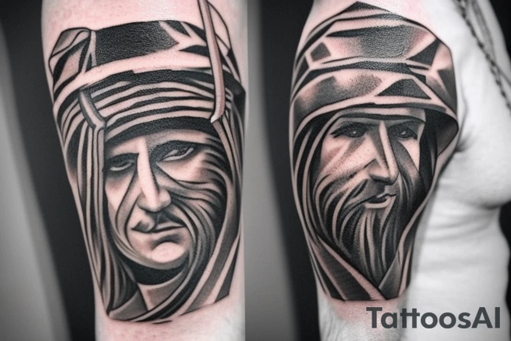 Design: A tall shepherd walking sideways with a crook. The shepherd should be wearing traditional shepherd's clothing, such as a long tunic and a hat. The crook should be made of wood or metal.
Style: The tattoo should be in a realistic style. The colors should be muted, such as browns, greens, and blues.
Size: The tattoo should be large enough to be detailed, but not so large that it is overwhelming.
Placement: The tattoo would look good on the back, shoulder, or chest. tattoo idea