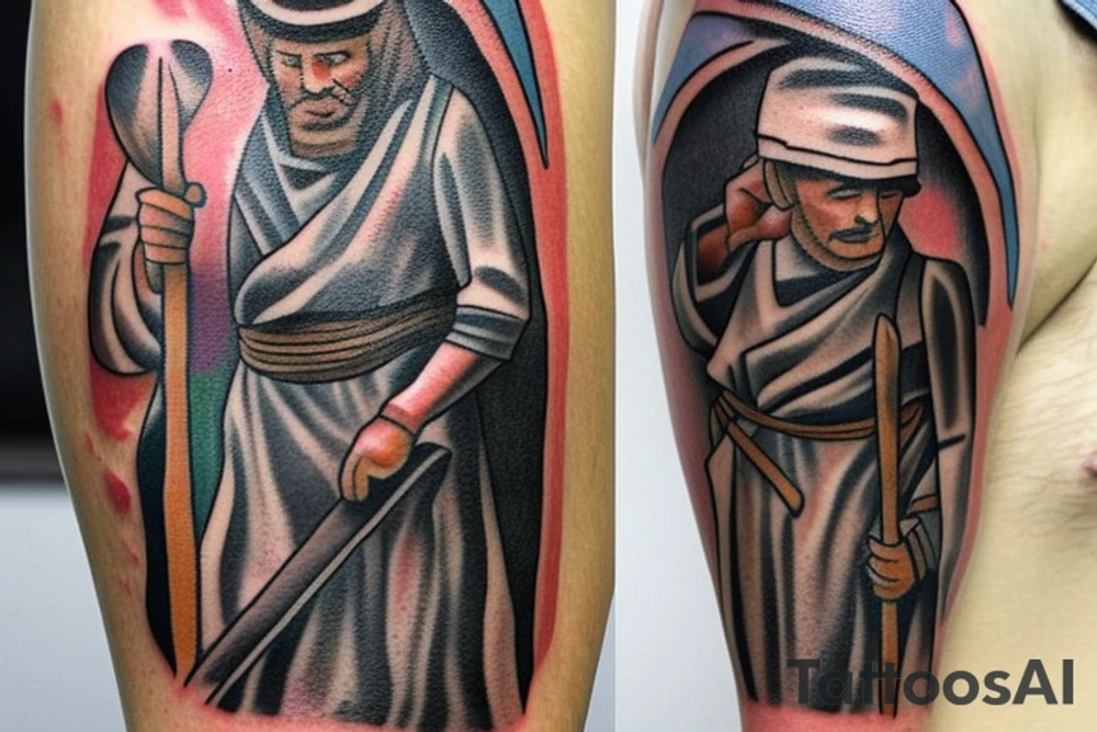 Design: A tall shepherd walking sideways with a crook. The shepherd should be wearing traditional shepherd's clothing, such as a long tunic and a hat. The crook should be made of wood or metal.
Style: The tattoo should be in a realistic style. The colors should be muted, such as browns, greens, and blues.
Size: The tattoo should be large enough to be detailed, but not so large that it is overwhelming.
Placement: The tattoo would look good on the back, shoulder, or chest. tattoo idea