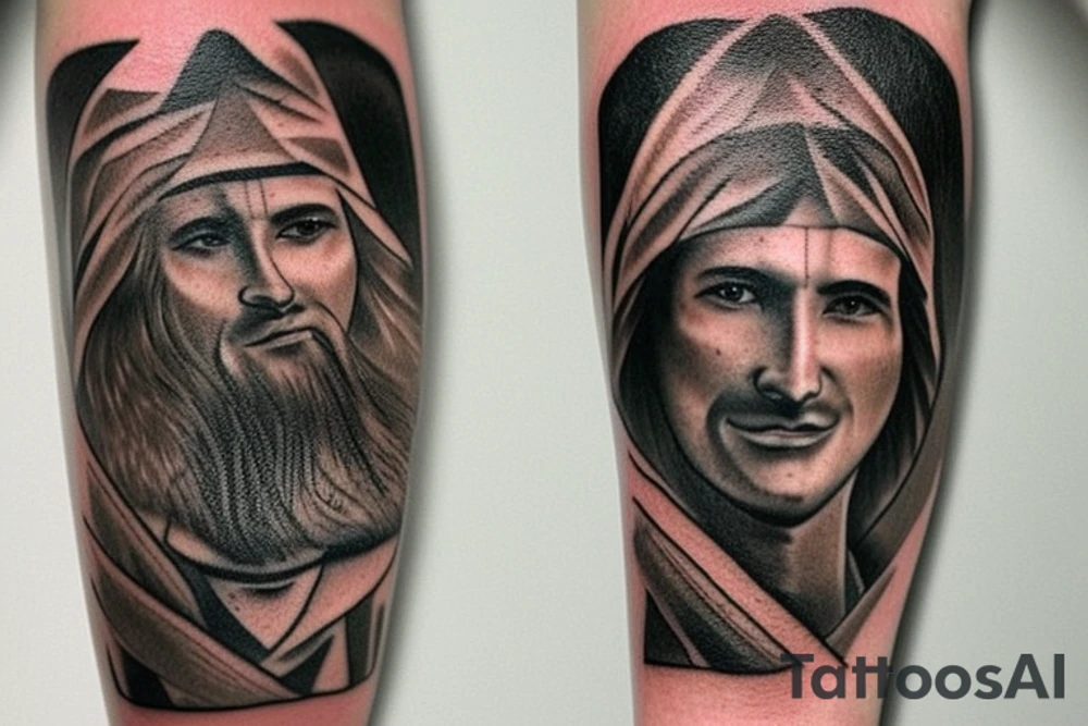 Design: A tall shepherd walking sideways with a crook. The shepherd should be wearing traditional shepherd's clothing, such as a long tunic and a hat. The crook should be made of wood or metal.
Style: The tattoo should be in a realistic style. The colors should be muted, such as browns, greens, and blues.
Size: The tattoo should be large enough to be detailed, but not so large that it is overwhelming.
Placement: The tattoo would look good on the back, shoulder, or chest. tattoo idea