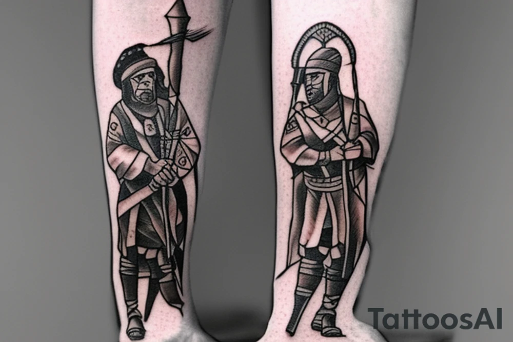 Design: A tall shepherd walking sideways with a crook. The shepherd should be wearing traditional shepherd's clothing, such as a long tunic and a hat. The crook should be made of wood or metal.
Style: The tattoo should be in a realistic style. The colors should be muted, such as browns, greens, and blues.
Size: The tattoo should be large enough to be detailed, but not so large that it is overwhelming.
Placement: The tattoo would look good on the back, shoulder, or chest. tattoo idea
