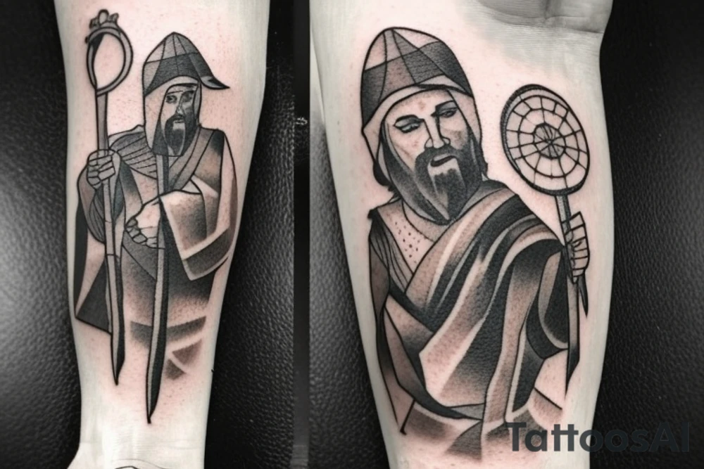Design: A tall shepherd walking sideways with a crook. The shepherd should be wearing traditional shepherd's clothing, such as a long tunic and a hat. The crook should be made of wood or metal.
Style: The tattoo should be in a realistic style. The colors should be muted, such as browns, greens, and blues.
Size: The tattoo should be large enough to be detailed, but not so large that it is overwhelming.
Placement: The tattoo would look good on the back, shoulder, or chest. tattoo idea