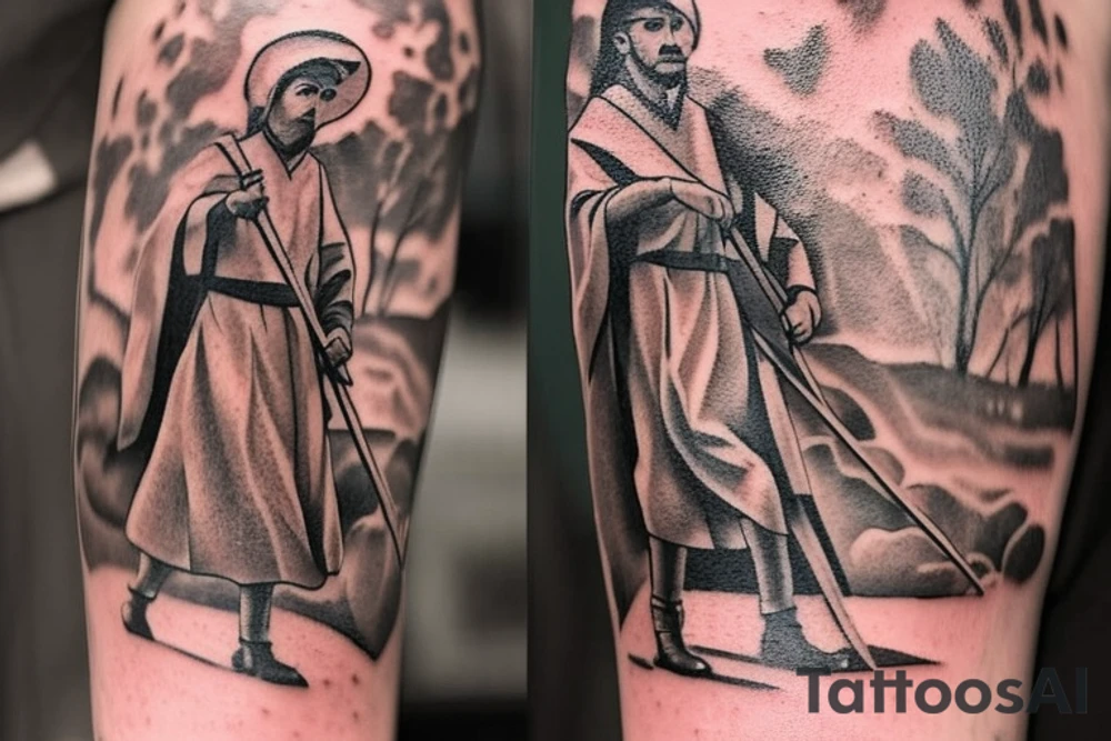 Design: A tall shepherd walking sideways with a crook. The shepherd should be wearing traditional shepherd's clothing, such as a long tunic and a hat. The crook should be made of wood or metal.
Style: The tattoo should be in a realistic style. The colors should be muted, such as browns, greens, and blues.
Size: The tattoo should be large enough to be detailed, but not so large that it is overwhelming.
Placement: The tattoo would look good on the back, shoulder, or chest. tattoo idea
