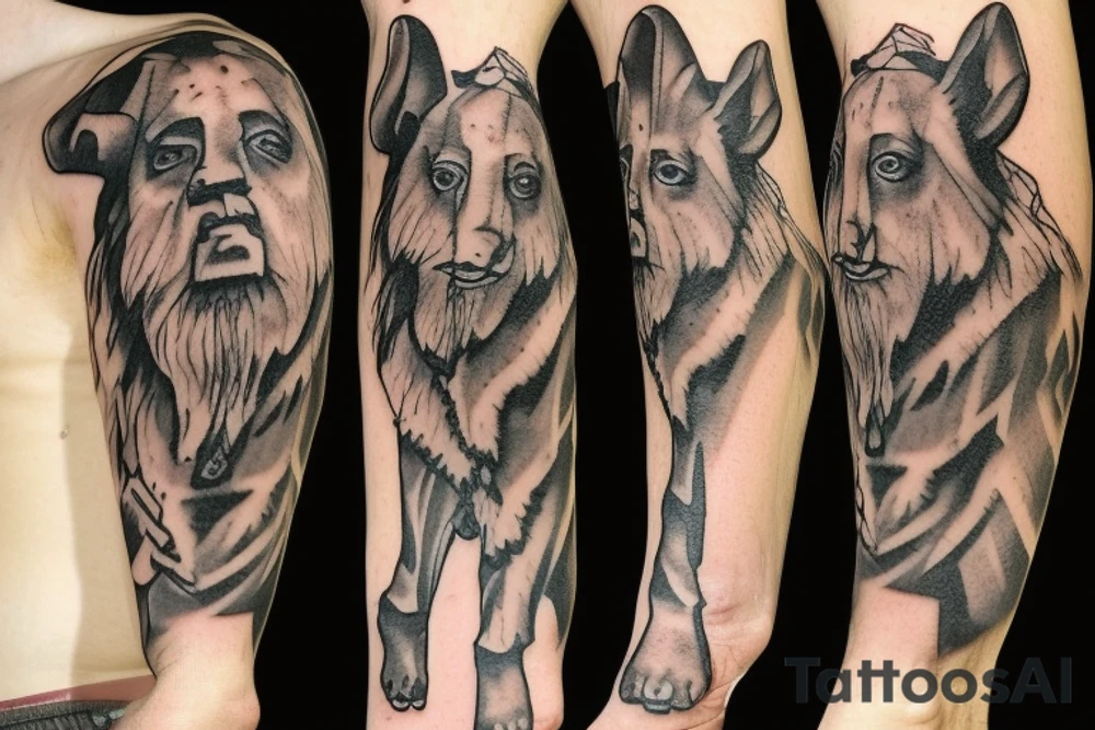 Design: A tall shepherd walking sideways with a crook. The shepherd should be wearing traditional shepherd's clothing, such as a long tunic and a hat. The crook should be made of wood or metal.
Style: The tattoo should be in a realistic style. The colors should be muted, such as browns, greens, and blues.
Size: The tattoo should be large enough to be detailed, but not so large that it is overwhelming.
Placement: The tattoo would look good on the back, shoulder, or chest. tattoo idea