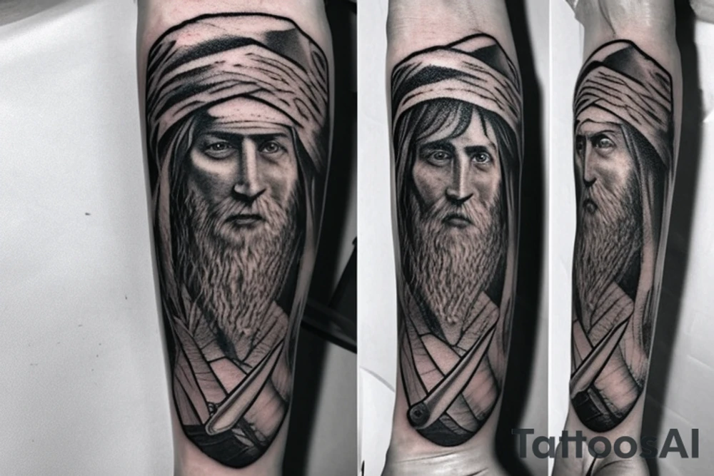 Design: A tall shepherd walking sideways with a crook. The shepherd should be wearing traditional shepherd's clothing, such as a long tunic and a hat. The crook should be made of wood or metal.
Style: The tattoo should be in a realistic style. The colors should be muted, such as browns, greens, and blues.
Size: The tattoo should be large enough to be detailed, but not so large that it is overwhelming.
Placement: The tattoo would look good on the back, shoulder, or chest. tattoo idea