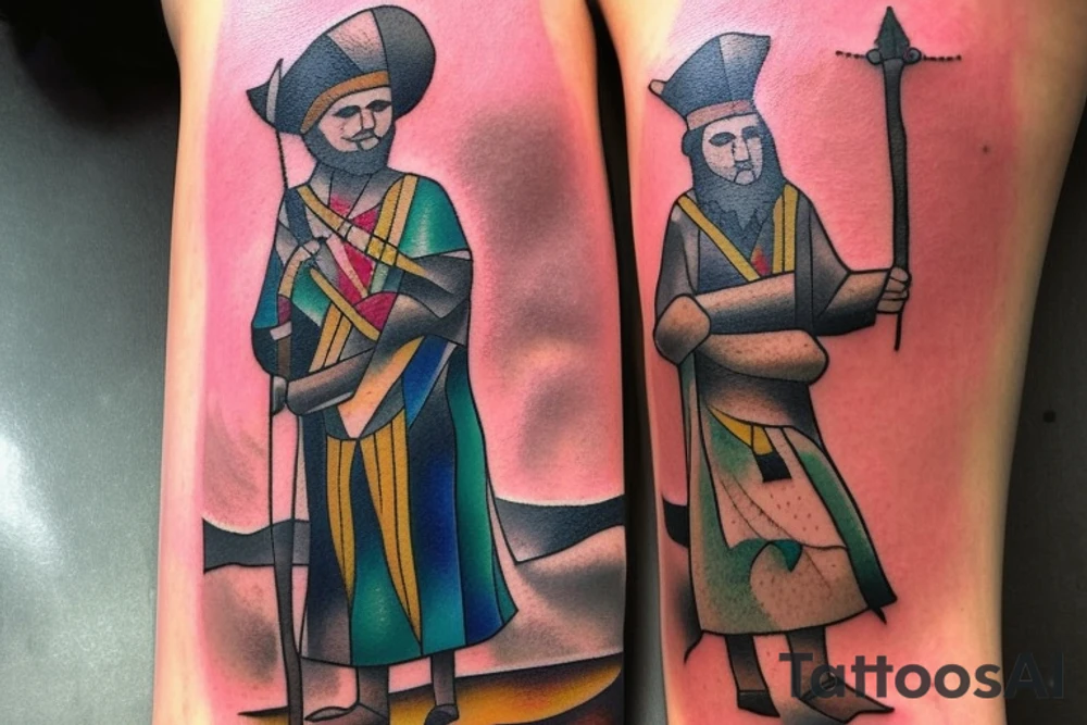 Design: A tall shepherd walking sideways with a crook. The shepherd should be wearing traditional shepherd's clothing, such as a long tunic and a hat. The crook should be made of wood or metal.
Style: The tattoo should be in a realistic style. The colors should be muted, such as browns, greens, and blues.
Size: The tattoo should be large enough to be detailed, but not so large that it is overwhelming.
Placement: The tattoo would look good on the back, shoulder, or chest. tattoo idea