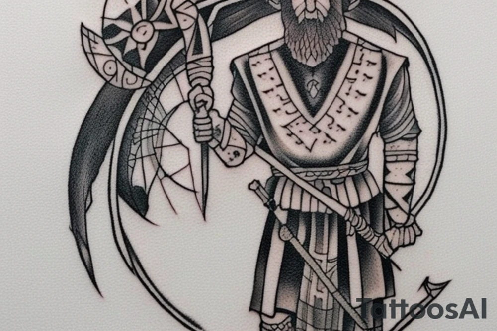 Design: A tall shepherd walking sideways with a crook. The shepherd should be wearing traditional shepherd's clothing, such as a long tunic and a hat. The crook should be made of wood or metal.
Style: The tattoo should be in a realistic style. The colors should be muted, such as browns, greens, and blues.
Size: The tattoo should be large enough to be detailed, but not so large that it is overwhelming.
Placement: The tattoo would look good on the back, shoulder, or chest. tattoo idea