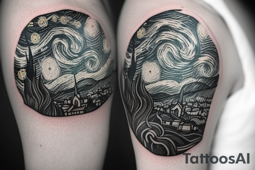 A black and white tattoo of a starry night sky. The sky is filled with stars of all sizes, from tiny pinpricks to bright orbs. The stars are arranged in a variety of patterns, some of which are recognizable constellations, while others are more abstract. The tattoo is set against a dark background, which helps to make the stars stand out.

Style:

The tattoo should be in a realistic style, with the stars rendered in as much detail as possible. The tattoo should also have a sense of depth, with the stars appearing to recede into the distance.

Size:

The tattoo should be a medium-sized tattoo, about 6 inches in diameter.

Placement:

The tattoo would look best on the upper arm, shoulder, or back.

Keywords:

Starry night sky
Black and white
Realistic
Depth
Medium-sized
Upper arm, shoulder, back tattoo idea