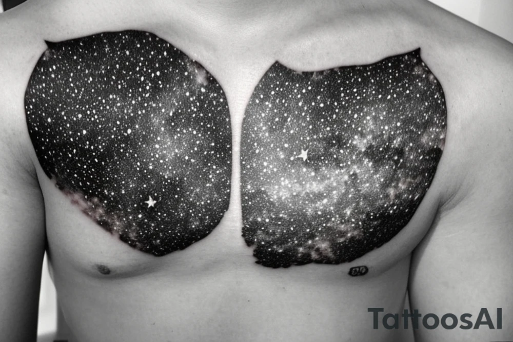 A black and white tattoo of a starry night sky. The sky is filled with stars of all sizes, from tiny pinpricks to bright orbs. The stars are arranged in a variety of patterns, some of which are recognizable constellations, while others are more abstract. The tattoo is set against a dark background, which helps to make the stars stand out.

Style:

The tattoo should be in a realistic style, with the stars rendered in as much detail as possible. The tattoo should also have a sense of depth, with the stars appearing to recede into the distance.

Size:

The tattoo should be a medium-sized tattoo, about 6 inches in diameter.

Placement:

The tattoo would look best on the upper arm, shoulder, or back.

Keywords:

Starry night sky
Black and white
Realistic
Depth
Medium-sized
Upper arm, shoulder, back tattoo idea
