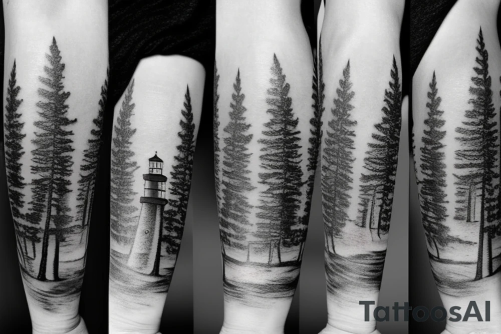 Forest with light house tattoo idea