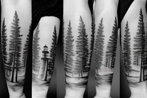 Forest with light house tattoo idea
