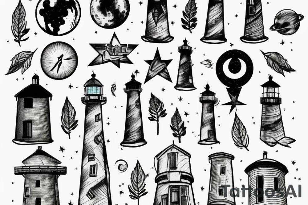 Light house with trees in space tattoo idea