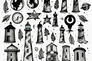 Light house with trees in space tattoo idea