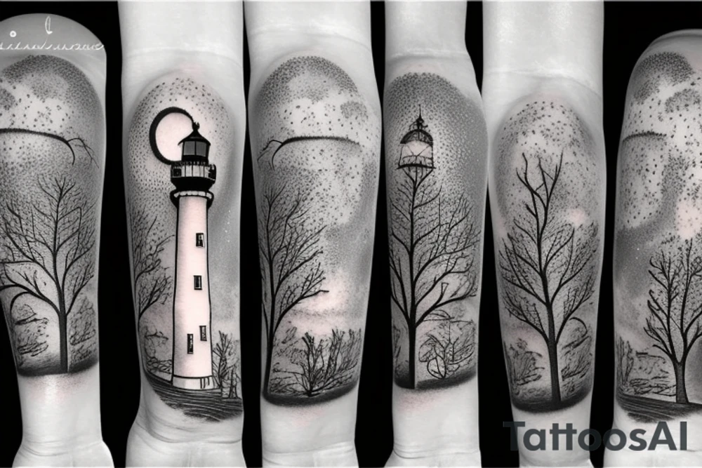 Light house with trees in space tattoo idea