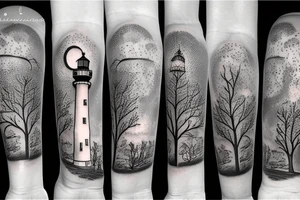 Light house with trees in space tattoo idea