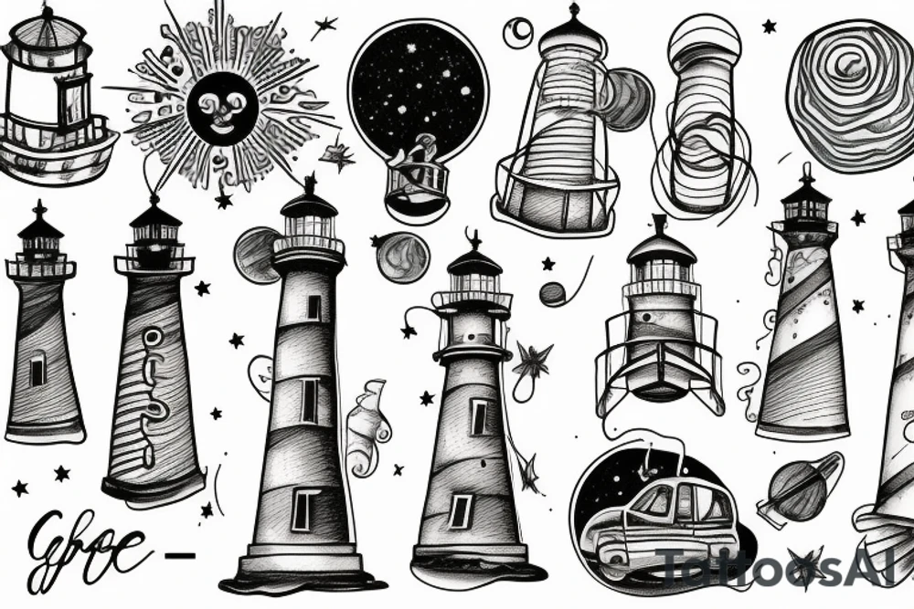 Light house with trees in space tattoo idea