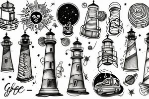 Light house with trees in space tattoo idea