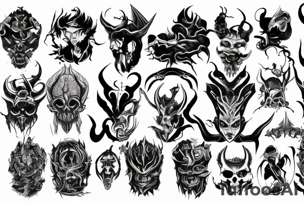 Demon god and dark symbolism arm sleeve tattoo men tattoo idea