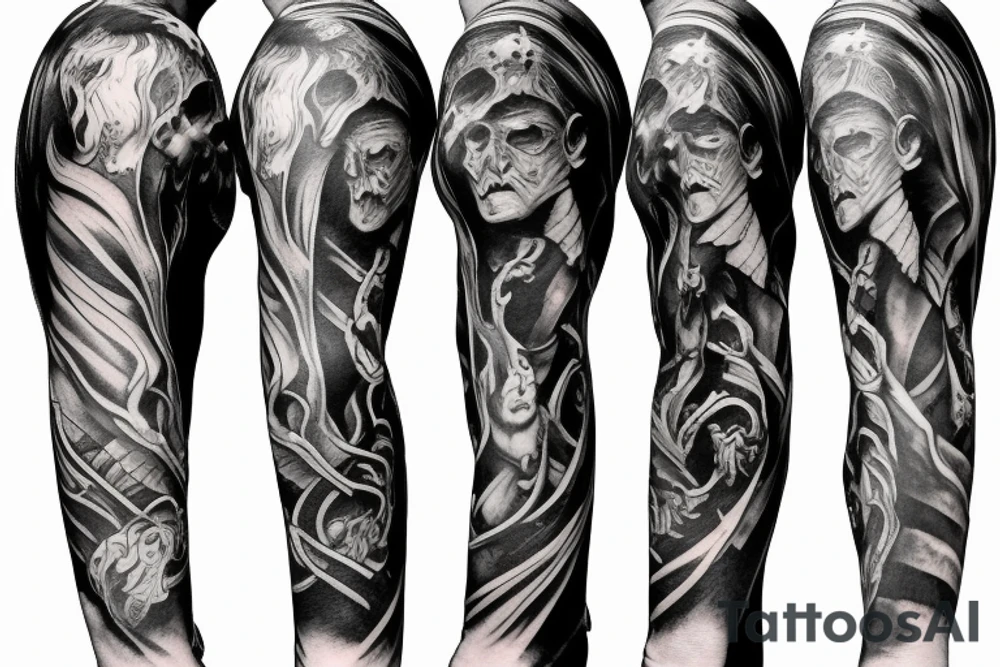Demon god and dark symbolism arm sleeve tattoo men tattoo idea
