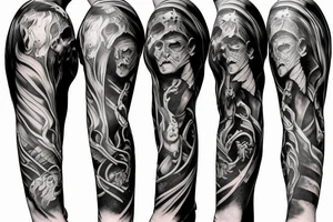 Demon god and dark symbolism arm sleeve tattoo men tattoo idea