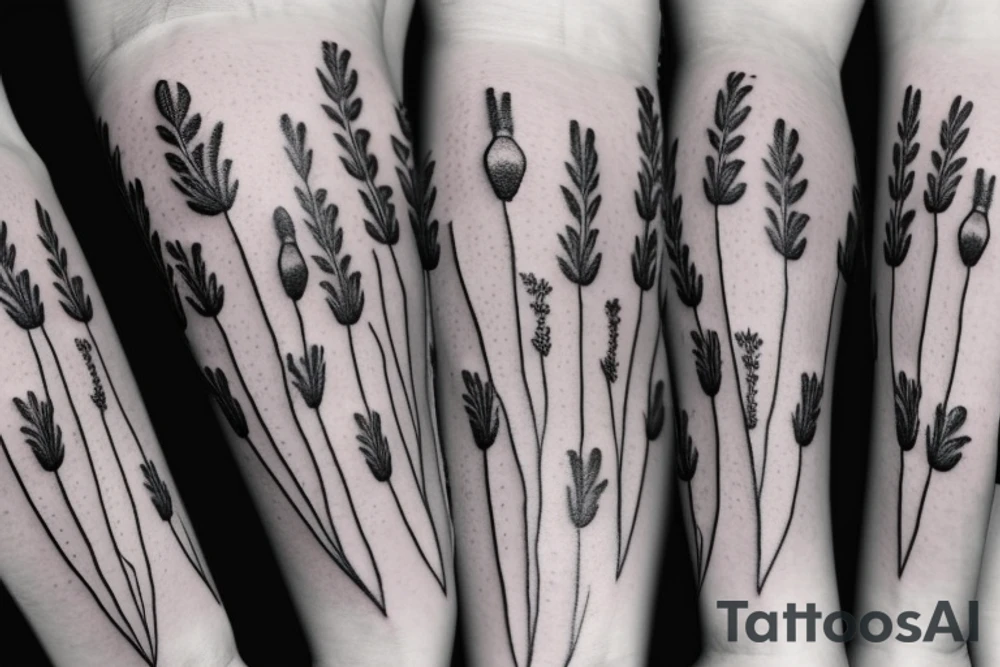 Lavender, poppy, willow, daisy bouquet tattoo idea