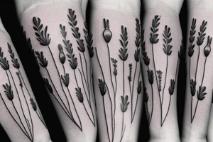 Lavender, poppy, willow, daisy bouquet tattoo idea