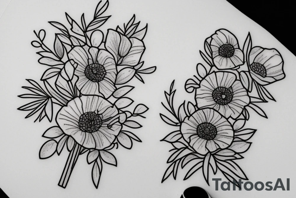 Lavender, poppy, willow, daisy bouquet tattoo idea