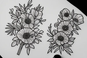 Lavender, poppy, willow, daisy bouquet tattoo idea
