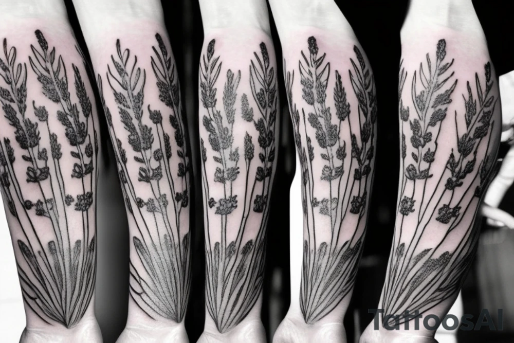 Lavender, poppy, willow, daisy bouquet tattoo idea