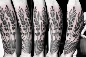 Lavender, poppy, willow, daisy bouquet tattoo idea