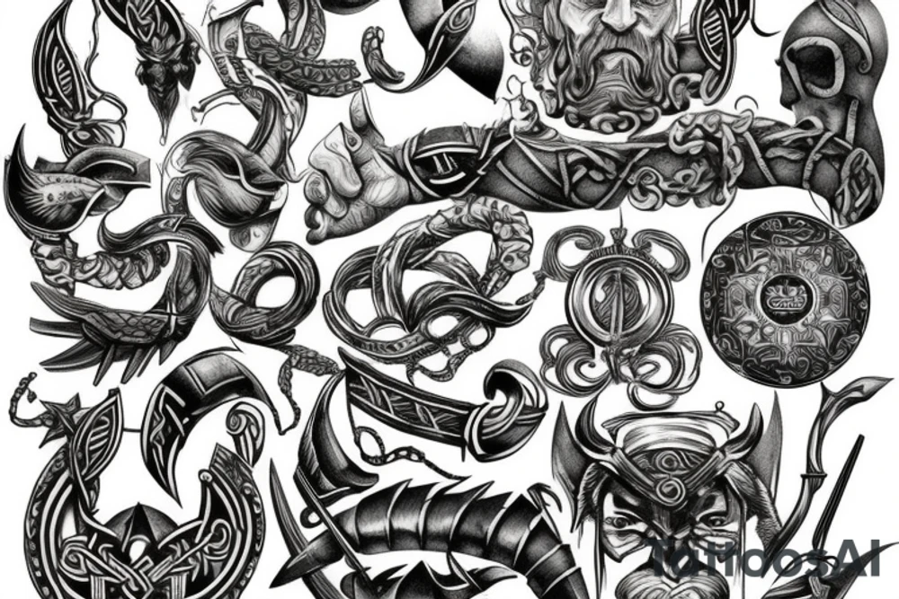 a timeless mix of Vikings and Greeks with imaginary decors tattoo idea