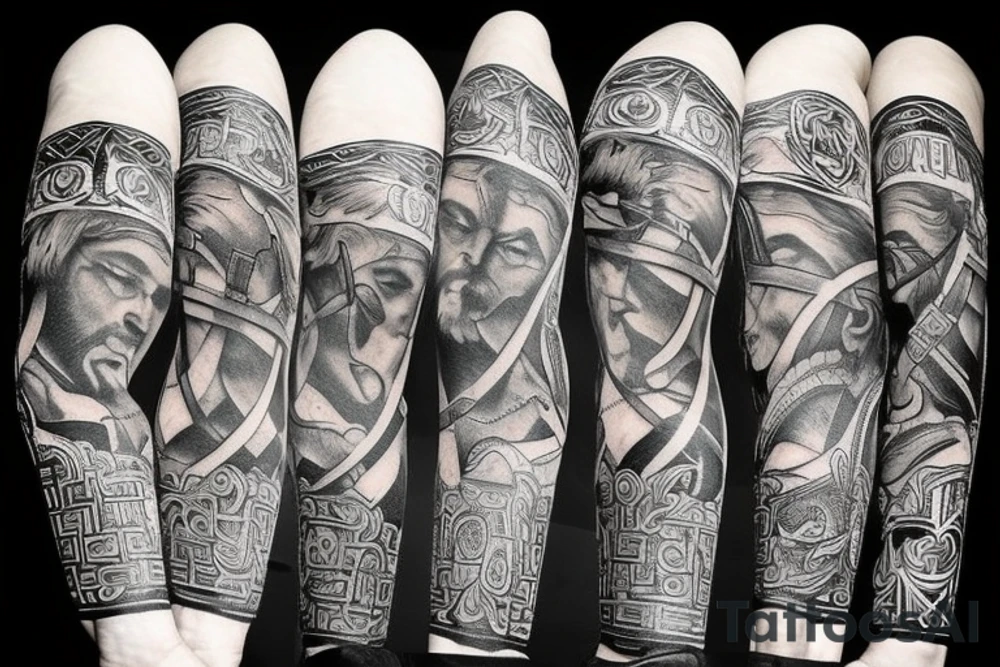 a timeless mix of Vikings and Greeks with imaginary decors tattoo idea