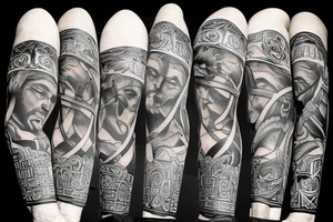 a timeless mix of Vikings and Greeks with imaginary decors tattoo idea