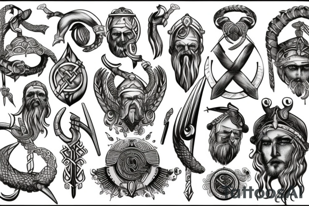 a timeless mix of Vikings and Greeks with imaginary decors tattoo idea
