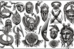 a timeless mix of Vikings and Greeks with imaginary decors tattoo idea