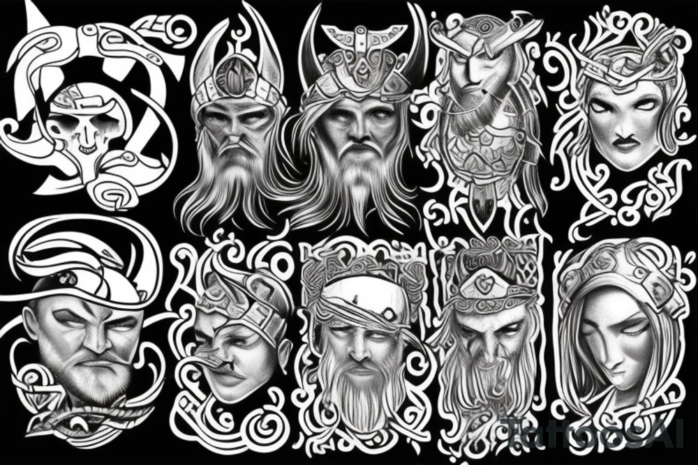a timeless mix of Vikings and Greeks with imaginary decors tattoo idea