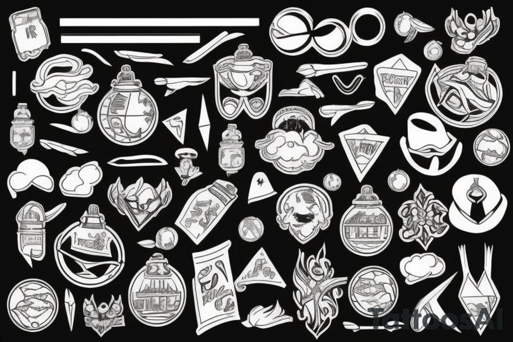 traditional style tattoo, traditional style colour, clip art, tattoo flash sheet, school items, backpack, pencil, globe, white background tattoo idea
