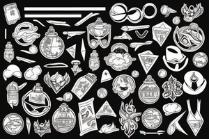 traditional style tattoo, traditional style colour, clip art, tattoo flash sheet, school items, backpack, pencil, globe, white background tattoo idea