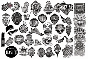 traditional style tattoo, traditional style colour, clip art, tattoo flash sheet, school items, backpack, pencil, globe, white background tattoo idea