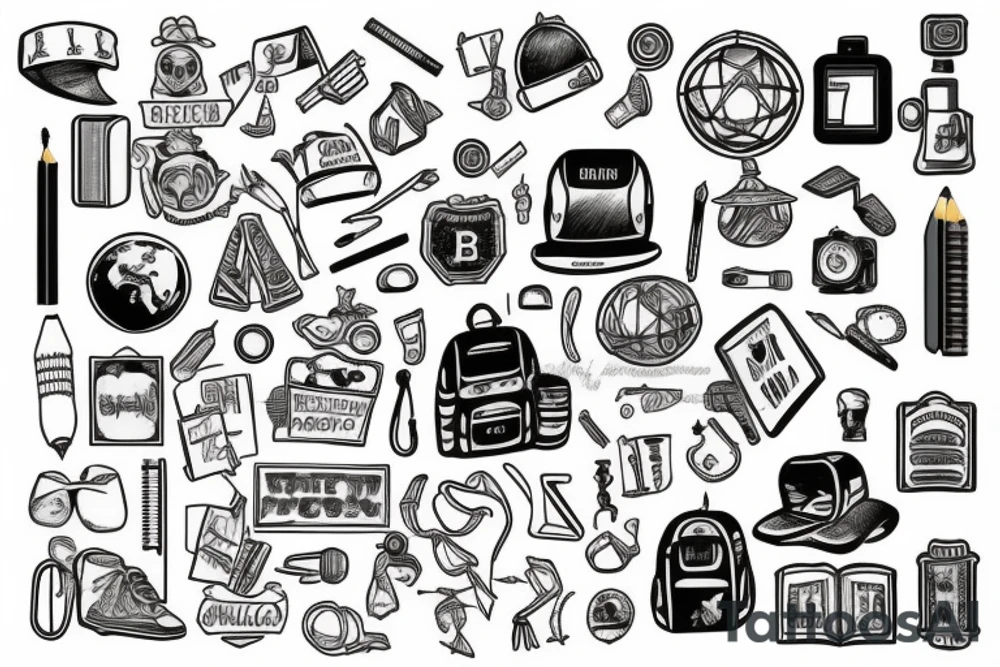 school items, backpack, pencil, globe, tattoo idea