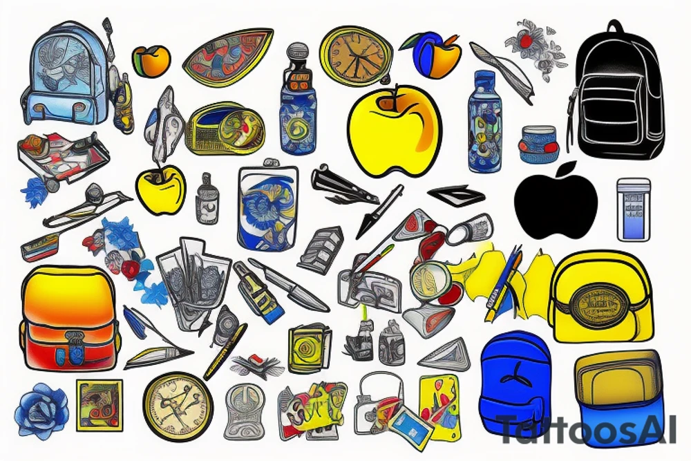 blue backpack, yellow pencil, red apple, tattoo idea